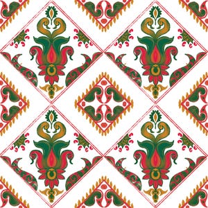 May include: A repeating pattern featuring white diamond shapes outlined in red. Inside each large diamond is a symmetrical floral motif in shades of green, red, and gold. Smaller diamond shapes with green and red flourishes fill the gaps.