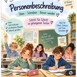 Può includere: Un poster educativo intitolato Personenbeschreibung che mostra una scena in aula con cinque bambini ai banchi. Il testo include Üben, Schreiben, Besser werden, Schritt für Schritt zu gelungenen Texten, Jeder Mensch hat eine Geschichte e Mit 10 Übungspersonen.