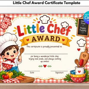 Könnte beinhalten: Eine Little Chef Award Urkundenvorlage mit einem Kind in Kochmütze, das einen Holzlöffel hält, rot-weiß karierten Rändern, Küchenillustrationen und dem Text Little Chef AWARD sowie Good Food = Happy Tummy.
