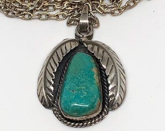 Beautiful Vintage Sterling and Turquoise Pendant - 24" Silvertone  Chain Included
