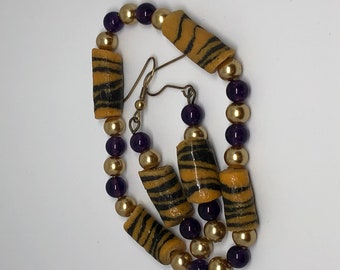 Purple and Gold Tiger Stripe Bead Bracelet and Pierced Earring Set - LSU Tigers