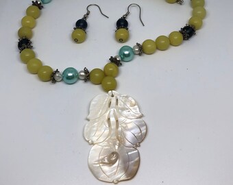 Vintage Beaded Necklace Blister Pearl Carved Pendant with matching Earrings