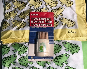 Feeling Froggy? Two Echo Frog Scarves in Green and Yellow plus bonus NIB Vintage Frog Toothpick Holder