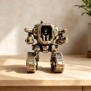 Könnte beinhalten: Eine metallene, bronzefarbene Roboterfigur mit einem zentralen Cockpit, einer sitzenden Pilotenfigur, beweglichen Armen mit montierten Waffen und robusten Panzerketten für die Mobilität. Die Oberfläche hat ein antikes Finish.