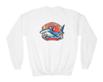 Shark Wave Surf Badge Youth Crewneck Sweatshirt | Retro Ocean Graphic