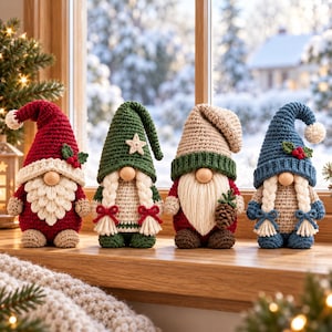May include: Four crocheted gnome figurines standing in a row. The first wears a red hat with holly, the second a green hat with a star and braided hair, the third a beige hat with a pinecone, and the fourth a blue hat with holly and braids.