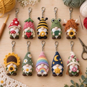 May include: Ten crochet gnome keychains arranged in two rows. The top row features a mushroom, strawberry, bee, frog, and highland cow gnome. The bottom row includes a sunflower, daisy, rainbow, moon and star, and floral gnome, each with a metal clasp.