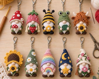 Paquete de patrones de llaveros de ganchillo en PDF, 10 colgantes de amigurumi de gnomo para bolsos, llaveros lindos de seta, abeja, rana y vaca, términos estadounidenses
