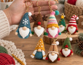 Lot de modèles de porte-clés au crochet (PDF), 10 modèles de gnomes de Noël amigurumi, mini décorations de Noël, jolis porte-clés, conditions américaines