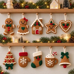 Op de afbeelding: Een verzameling van tien gehaakte kerstornamenten die aan houten haken hangen. De set bevat een peperkoekmannetje, een peperkoekhuisje, een ster, een hart, een boom, een want, een kerstsok, een mok met een zuurstok en een bel.