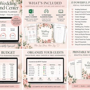 Pode incluir: Um conjunto de planeamento de casamento digital com ecrã de portátil exibindo um painel, rastreador de orçamento e lista de convidados. Inclui páginas imprimíveis com motivos florais, 15 ferramentas de planeamento e folhas Excel.
