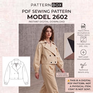 May include: A digital PDF sewing pattern for model 2602, featuring a cropped beige double-breasted jacket with a wide collar and gathered sleeves. The listing includes technical line drawings, size range 2XS to XXL, and intermediate skill level.