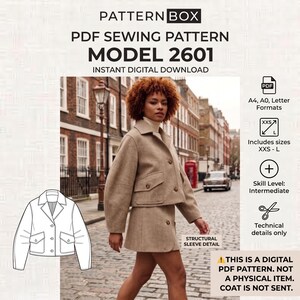 Peut inclure: Un patron de couture numérique PDF pour une veste courte, modèle 2601, présentant un dessin technique du vêtement. Le patron inclut les formats A4, A0 et lettre, les tailles XXS à L, et un niveau de compétence intermédiaire.