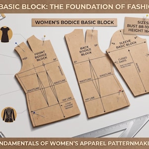 Könnte beinhalten: Ein Set aus beigefarbenen Papp-Schnittmustern für Vorderteil, Rückenteil und Ärmel, beschriftet mit 'Women's Basic Block' und 'Sizes: Bust 88-104 cm, Height 164 cm'. Enthält ein Maßband, Bleistifte, Lineale und verschiedene Stoffmuster.