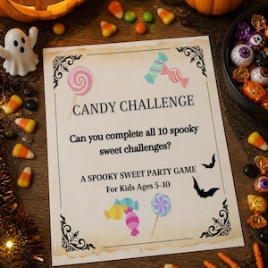 Könnte beinhalten: Eine rechteckige Spielkarte aus Papier mit dem Titel CANDY CHALLENGE und dem schwarzen Text Can you complete all 10 spooky sweet challenges? A SPOOKY SWEET PARTY GAME For Kids Ages 5-10, verziert mit bunten Illustrationen von Lollis und Süßigkeiten.