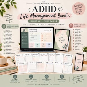 May include: An ADHD Life Management Bundle digital and printable planner set featuring a laptop displaying a dashboard, a tablet with a small steps create big changes graphic, a smartphone, and several printed planning templates including daily focus.