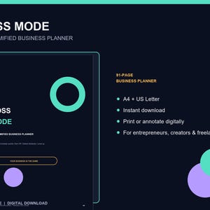 May include: A 91-page digital business planner titled BOSS MODE: THE GAMIFIED BUSINESS PLANNER. The dark interface features mint green and lavender circles, a button labelled YOUR BUSINESS IS THE GAME, and text listing A4 and US Letter sizes.