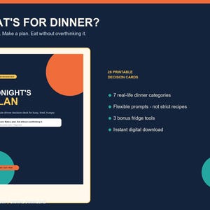 以下が含まれることがあります： 28枚の印刷可能なカードを含む夕食決定デッキ。WHAT'S FOR DINNER? TONIGHT'S PLANというテキストと7つの夕食カテゴリーが記載されています。デザインはダークブルーの背景にオレンジとティールブルーの円、白いテキストが特徴です。