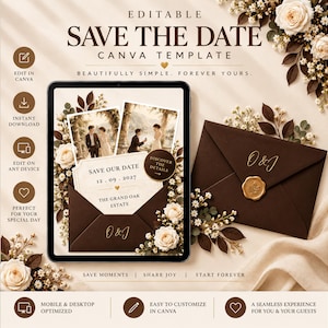 Könnte beinhalten: Eine bearbeitbare Save the Date Canva-Vorlage mit einem Tablet, das ein Hochzeitseinladungsdesign mit zwei Fotos, dem Text Save Our Date 12.09.2027 und The Grand Oak Estate zeigt, neben einem dunkelbraunen Umschlag mit goldenen O&J-Initialen.