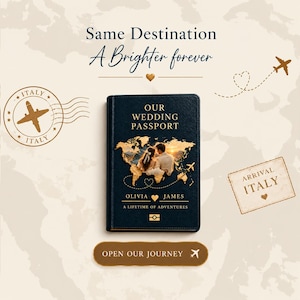 Può includere: Una copertina per passaporto nuziale blu scuro con testo dorato che recita Our Wedding Passport, Olivia, James e A Lifetime of Adventures. La copertina mostra una mappa del mondo dorata con una foto centrale di una coppia, circondata da grafiche di viaggio.