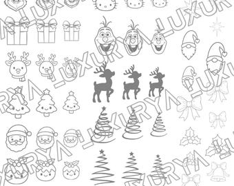 Peut inclure: Une planche d'autocollants de Noël en noir et blanc avec le texte Luxury - Christmas Stickers. Les motifs incluent Mickey et Minnie Mouse, Hello Kitty, Olaf, des rennes, le Père Noël, des bonshommes en pain d'épice, des sapins et des flocons.