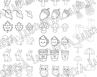 Può includere: Un foglio di adesivi con disegni al tratto in bianco e nero intitolato Luxurya - Autumn Stickers. La collezione presenta illustrazioni a tema autunnale tra cui foglie, zucche, funghi, ghiande, pigne, stivali da pioggia, scoiattoli, tazze, ombrelli, conigli, volpi, gufi, cervi, orsi, ricci, procioni, nuvole e lune.
