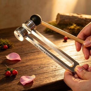 May include: A silver-toned metal tuning fork with a wooden mallet. The tuning fork features two cylindrical weights at the top and the engraved text "Slow Down & Breathe" along one of its prongs. The mallet has a round black head and a wooden handle.