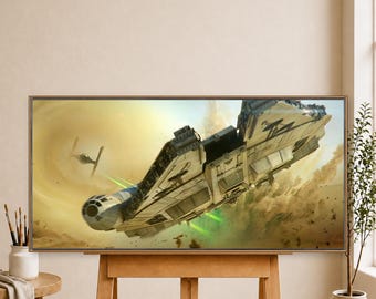 Millennium Falcon & TIE fighters - Star Wars Fan Art Oil Painting on Canvas, Sci Fi Wall Art, Galaxy Decor