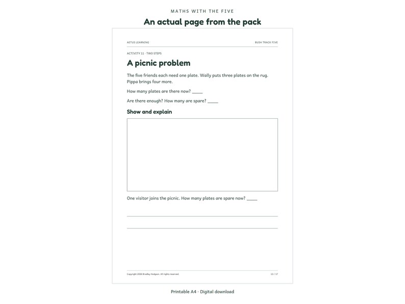 Maths with the Five: actual activity page 3; Aetus Learning.