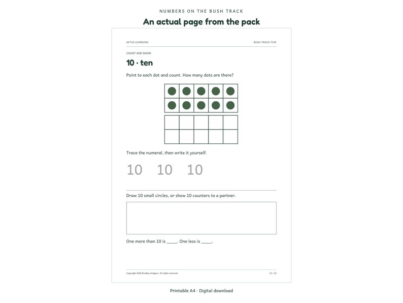 Numbers on the Bush Track: actual activity page 1; Aetus Learning.