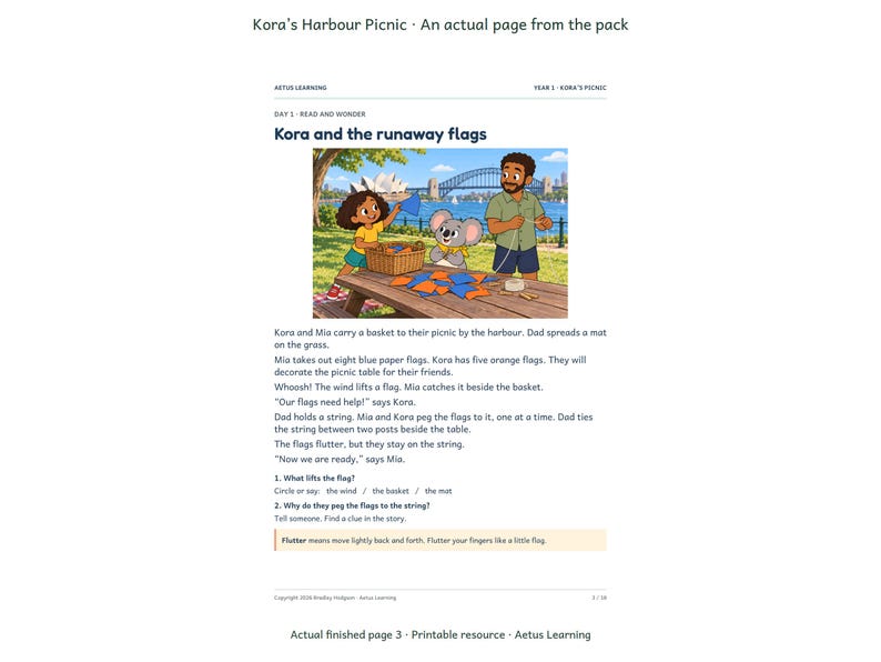 Kora’s Harbour Picnic — Coastal Paper — actual finished page 1 — Aetus Learning October 2026.