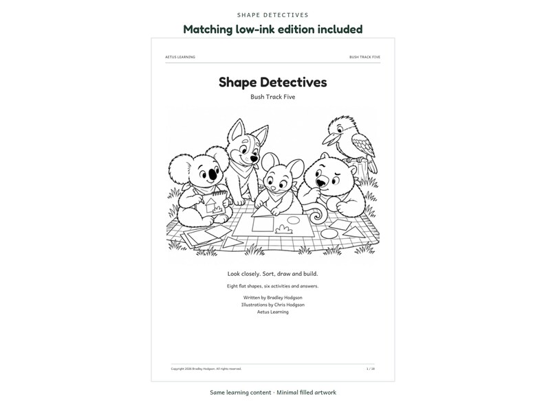 Shape Detectives: actual low-ink activity page; Aetus Learning.