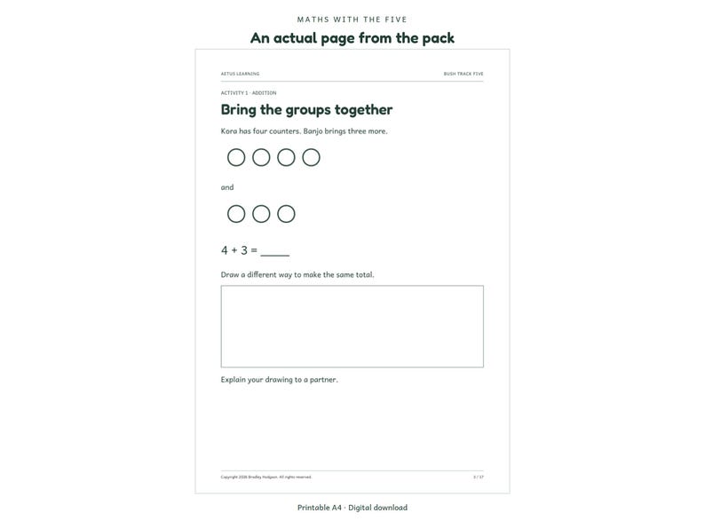 Maths with the Five: actual activity page 1; Aetus Learning.