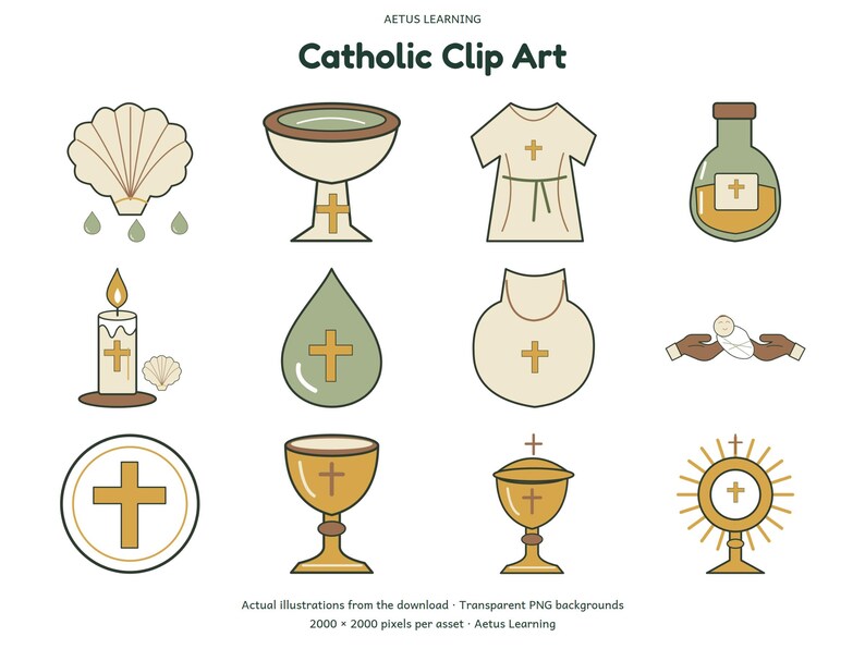 Catholic Clip Art — 200 PNG Illustrations — actual illustration samples 4 — Aetus Learning October 2026.