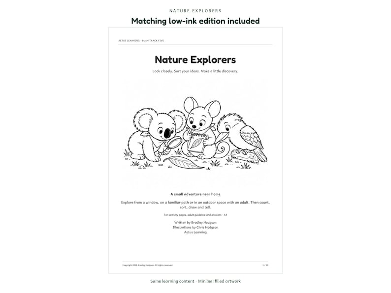 Nature Explorers - actual low-ink page - Aetus Learning, art refresh September 2026.