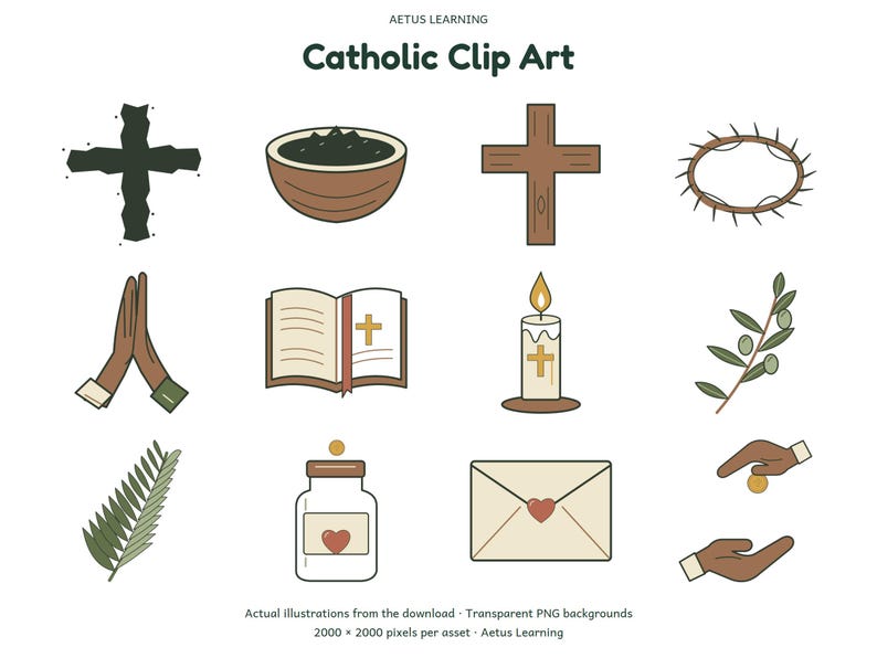 Catholic Clip Art — 200 PNG Illustrations — actual illustration samples 2 — Aetus Learning October 2026.