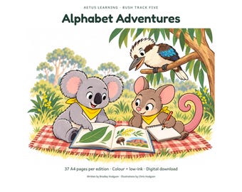 May include: A children's book titled Alphabet Adventures by Aetus Learning Bush Track Five. The cover features a cartoon koala and a possum sitting on a red and white checkered blanket, looking at a book, with a kookaburra perched in a tree above.