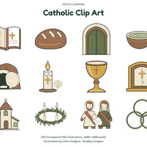 Könnte beinhalten: Eine Sammlung katholischer Clip-Art-Illustrationen von AETUS LEARNING mit Symbolen wie einer Bibel, Brot, Kirchentür, Becken, Grab, Kerze, Kelch, Tabernakel, Kirchengebäude, Adventskranz, heiliger Familie und Trinitätsringen.