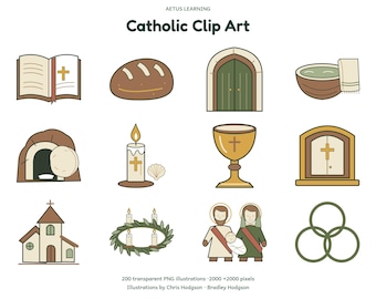 May include: A collection of Catholic clip art illustrations by AETUS LEARNING featuring icons like a Bible, bread, church door, basin, tomb, candle, chalice, tabernacle, church building, advent wreath, holy family, and trinity rings.