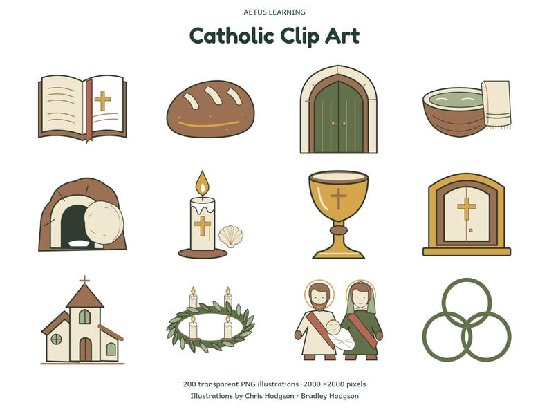 Catholic Clip Art — 200 PNG Illustrations — actual illustration samples 1 — Aetus Learning October 2026.