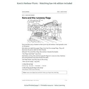 Kora’s Harbour Picnic — Harbour Blue — actual low-ink page — Aetus Learning October 2026.