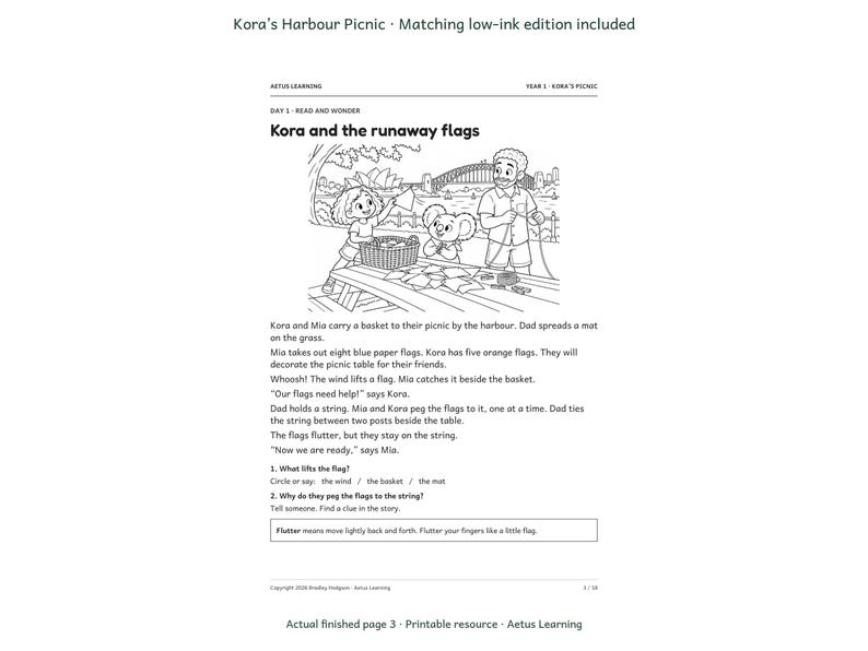 Kora’s Harbour Picnic — Coastal Paper — actual low-ink page — Aetus Learning October 2026.