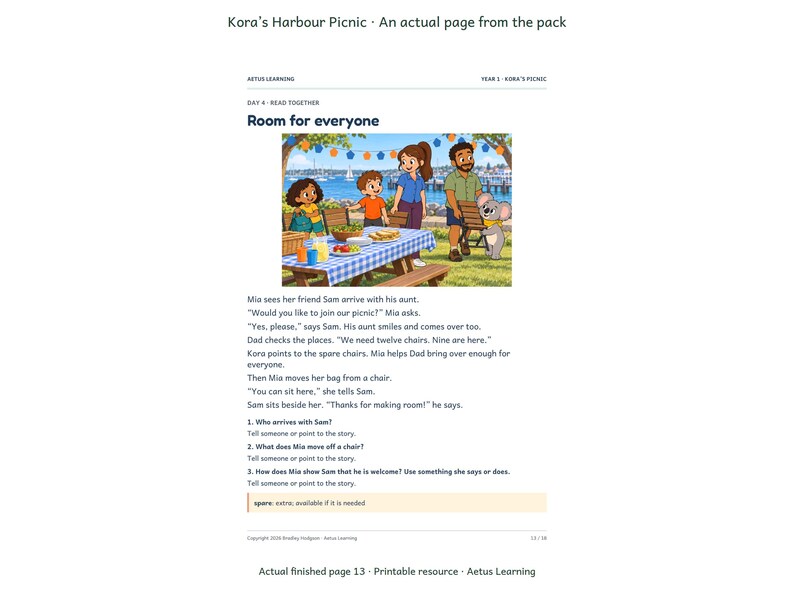 Kora’s Harbour Picnic — Coastal Paper — actual finished page 3 — Aetus Learning October 2026.