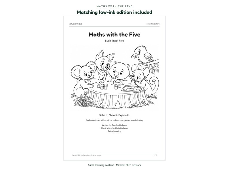 Maths with the Five: actual low-ink activity page; Aetus Learning.