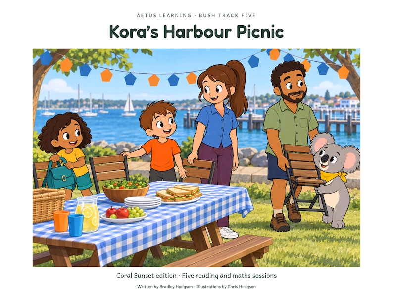 Kora’s Harbour Picnic — Coral Sunset — large illustrated cover — Aetus Learning October 2026.