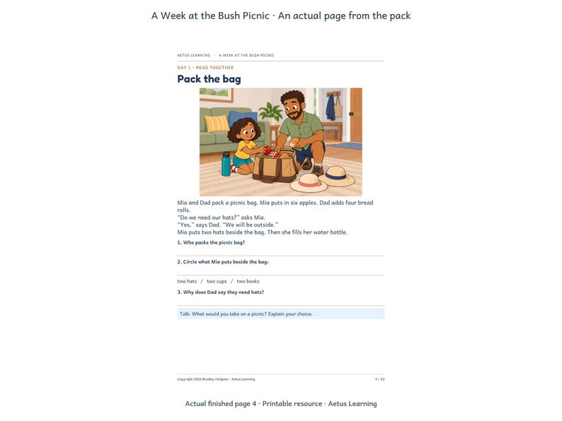 A Week at the Bush Picnic — actual finished page 1 — Aetus Learning October 2026.