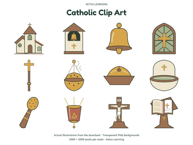 Catholic Clip Art — 200 PNG Illustrations — actual illustration samples 5 — Aetus Learning October 2026.