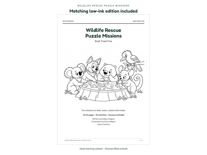 Wildlife Rescue Puzzle Missions - actual low-ink page - Aetus Learning, art refresh September 2026.