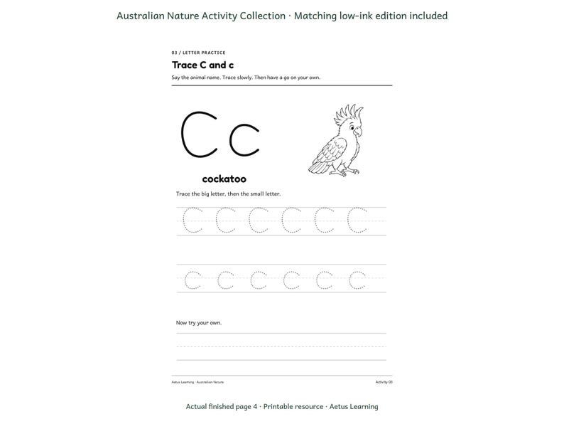 Australian Nature Activity Collection — actual low-ink page — Aetus Learning October 2026.