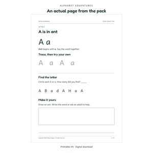 Alphabet Adventures: actual activity page 1; Aetus Learning.